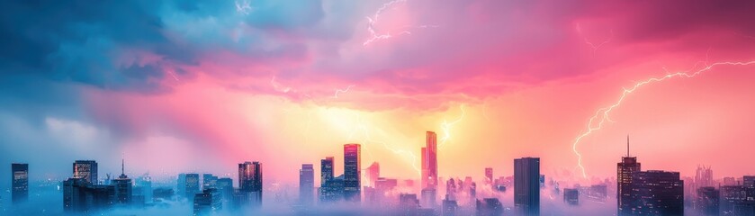 Dramatic city skyline illuminated by vibrant colors during a stormy sunset.