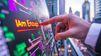 A hand touching a screen displays the empowering phrase I am Enough