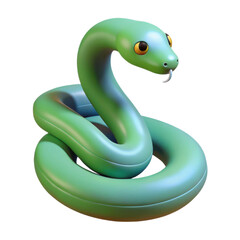 A stylized green snake with large eyes and an elongated body, coiled in a dynamic pose, showcasing a smooth and glossy surface, illustration of 3d rendering.