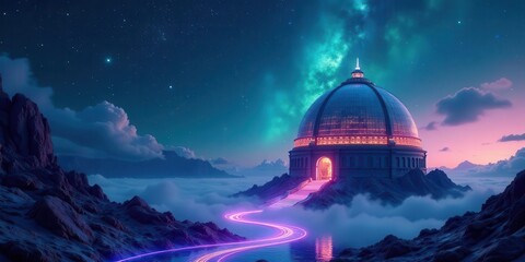 Obraz premium A luminous pathway winds through ethereal clouds towards a majestic dome-shaped structure perched atop a misty mountain, under a breathtaking starry sky.