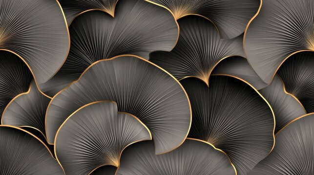 Seamless tessellated silver and gold floral fans on matte charcoal, refined Gatsby luxury pattern, sophisticated 1920s high-end elegance