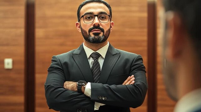 Poised Authority: A distinguished businessman, impeccably dressed in a suit, confidently stands with arms crossed, his gaze intense as he projects an image of command and professionalism.