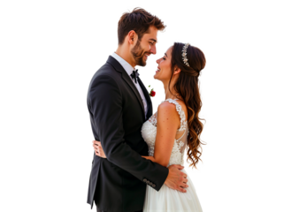 Captivating wedding couple embracing, radiating love and joy. Perfect for romantic themes and celebrations. Features a transparent background for versatile use in designs