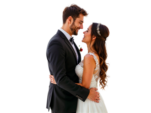 Captivating wedding couple embracing, radiating love and joy. Perfect for romantic themes and celebrations. Features a transparent background for versatile use in designs