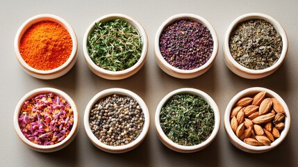 The medicinal spices lined up on small plates. top view.