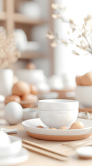 ceramic material. A minimal serene table setting with a white cup, eggs, and delicate decor, evoking a minimalist and cozy dining atmosphere.