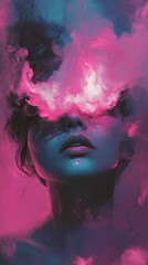 Surreal Woman in Pink and Blue Clouds: A Dreamlike Digital Painting