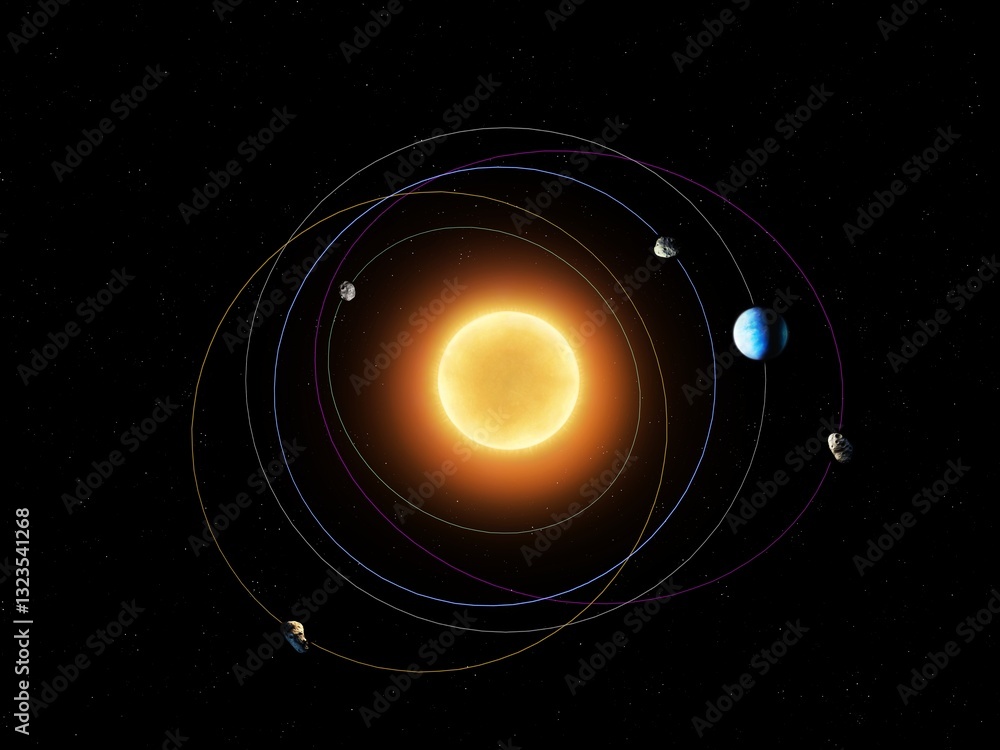 Wall mural orbits of the asteroids closest to earth. trajectories of movement of dangerous space rocks around t
