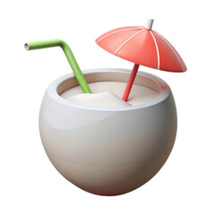 A stylized cocktail with a green straw and a red umbrella, served in a round, smooth container, illustration of 3d rendering.