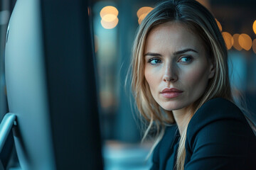 Fototapeta premium Attractive young businesswoman working late at night office hair goal focus style blonde screen