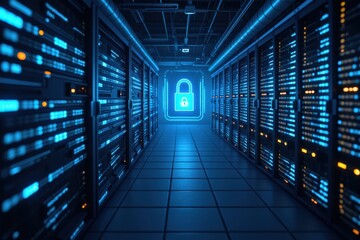 Futuristic Data Center with Security Features: A High-Tech View of Server Racks Enclosed in a Secure Corridor, Highlighting Advanced Technology and Cybersecurity