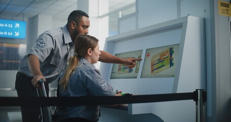Airport Security Checkpoint: Baggage Restrictions Sign. Rack Focus on Two Diverse TSA Officers...