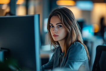 Fototapeta premium Young woman working late at office computer screen focused professional job blue gray desk night