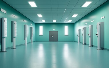 Obraz premium Mint Green Corridor with Modern Equipment - Empty Hospital or Office Interior