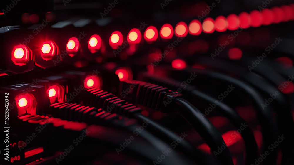 Poster abstract red lights technology background image digital server network cables data dark wires power