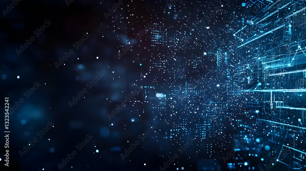 Poster abstract blue digital network structure with bright dots and glowing particles in dark background