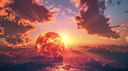 Abstract cosmic orb rising above ethereal clouds at a vibrant sunset