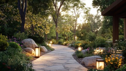 Fototapeta premium Serene garden pathway illuminated by lanterns, surrounded by lush trees and vibrant flowers.