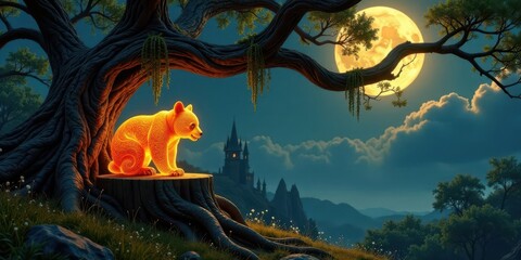 Fototapeta premium Luminous Cub Underneath Ancient Tree, Gazing Towards Distant Castle Silhouette, Bathed in Moonlight's Glow