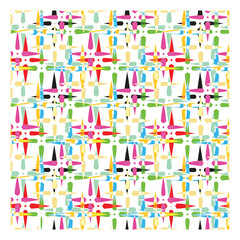 A vibrant abstract pattern featuring colorful geometric shapes including triangles, circles, and dots arranged in a grid layout, It could be used as a wallpaper, fabric design, scarf, pillow cover