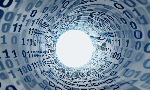 A swirling tunnel of binary code symbolizing data flow and digital technology.