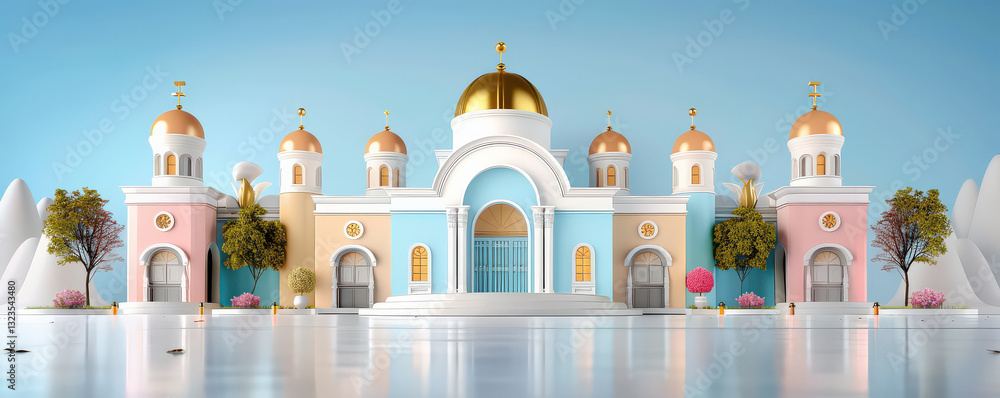Aufkleber colorful 3d render of symmetrical building with golden domes, surrounded by trees and reflective sur
