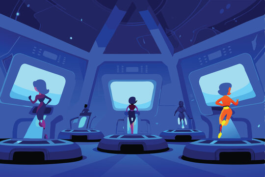 A futuristic virtual gym scene; avatars perform diverse workouts on floating platforms.  High-resolution, vibrant colors, realistic avatars.