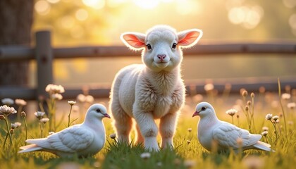 Cute fluffy lamb surrounded by white doves in a flower-filled meadow at sunrise Easter concept