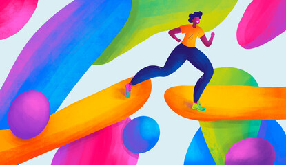 Colorful illustration of a person running on vibrant shapes