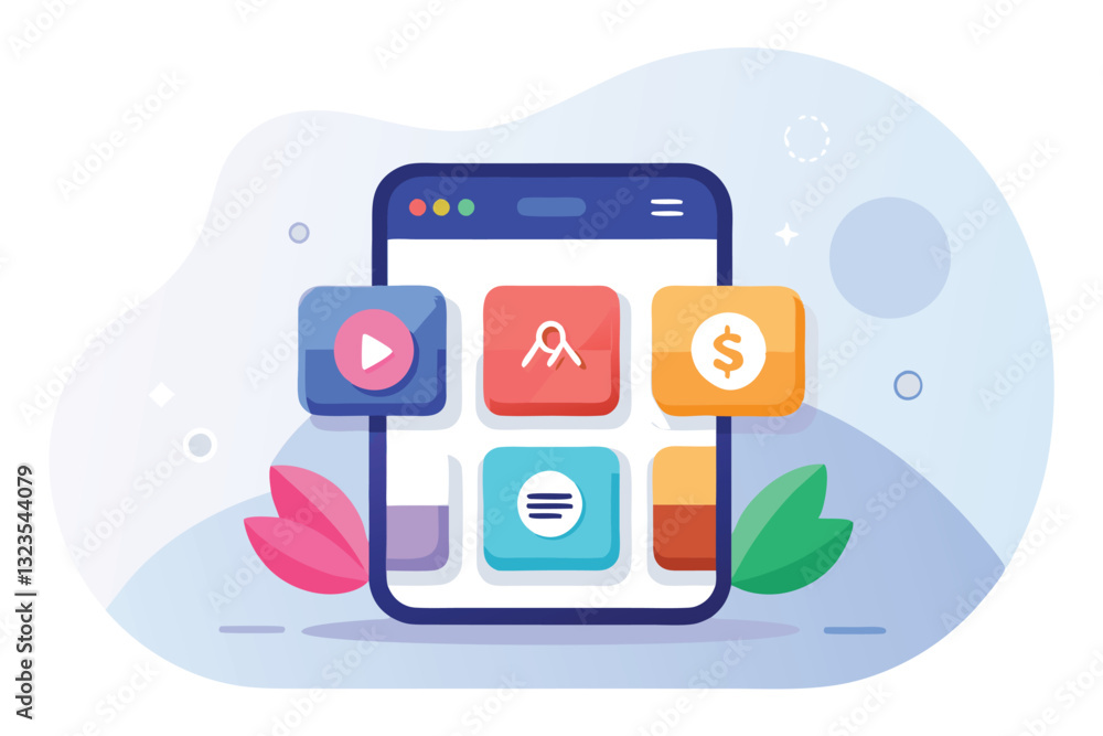 Poster colorful vector illustration of a smartphone displaying an app interface with decorative plants and 