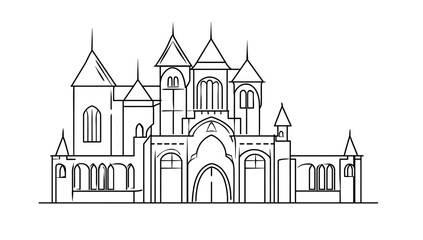 Fototapeta premium A line drawing depicts a majestic gothic castle, showcasing its intricate architectural details and imposing structure.