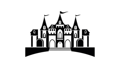 Fototapeta premium A minimalist line drawing of a majestic castle with three towers and flags, situated on a bridge.