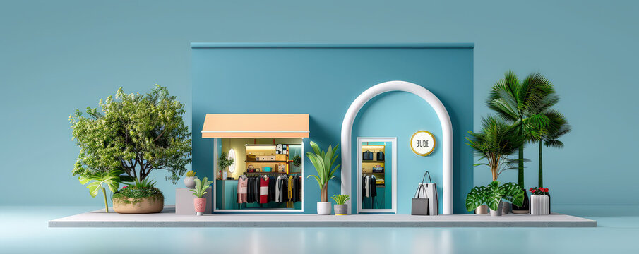 minimal 3D render of boutique storefront features flat design with vibrant blue facade, showcasing clothing and accessories. storefront is adorned with plants, creating fresh and inviting