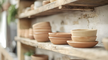 eco luxury local craft product display. A close-up view of rustic ceramic bowls and plates arranged neatly on a wooden shelf, showcasing a simple and earthy aesthetic.
