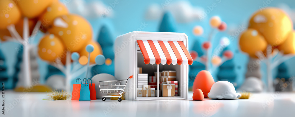 Poster whimsical 3d render of small shop with striped awning, surrounded by colorful trees and shopping bag