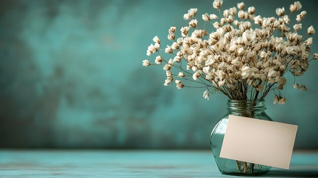 delicate white flowers in a blue vase on a green background, light background, copy space, convallaria majalis