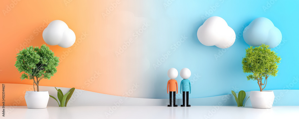 Aufkleber Two stylized figures stand between potted trees under fluffy clouds, set against gradient orange and blue background
