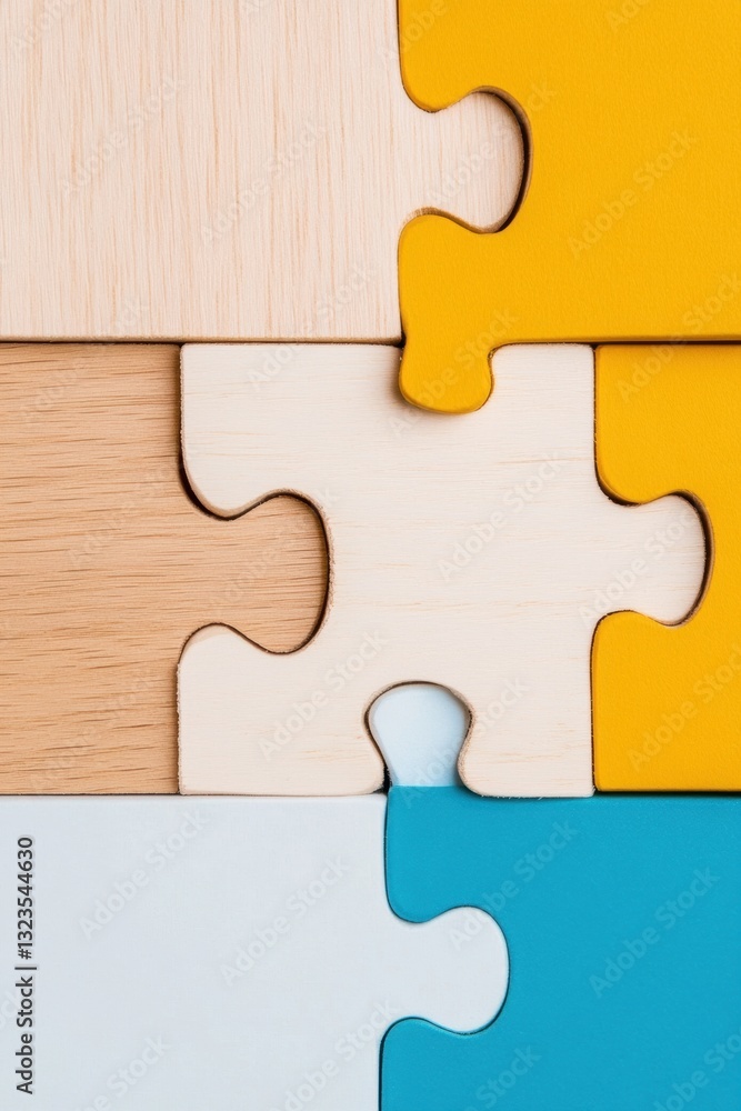 Aufkleber Minimalist Collaborative Strategy Wooden Puzzle Integration Visualizing Modern Business Connectivity and Systemic Problem-Solving Innovation