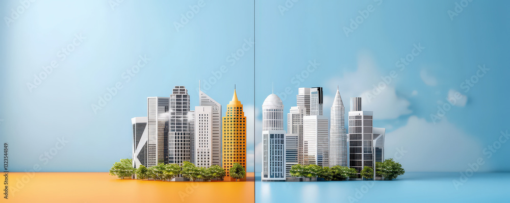 Aufkleber minimal 3d render of financial district skyline features flat design with contrasting orange and blu