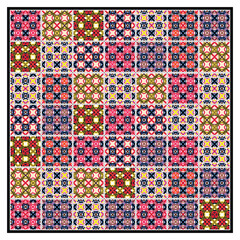 A colorful mosaic of intricate geometric patterns in red, pink, green, blue, and yellow, arranged in a square grid format.