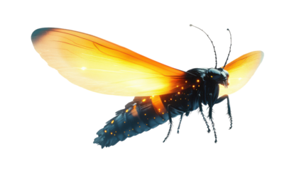 Colorful fantasy insect with glowing wings perched against a plain background
