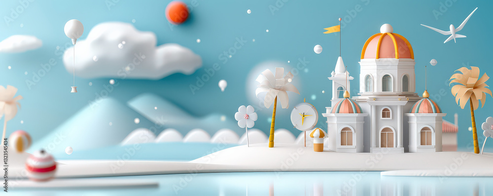 Poster whimsical 3D render of minimalistic resort with domed building, surrounded by clouds, balloons, and palm trees, set against serene blue sky and calm water