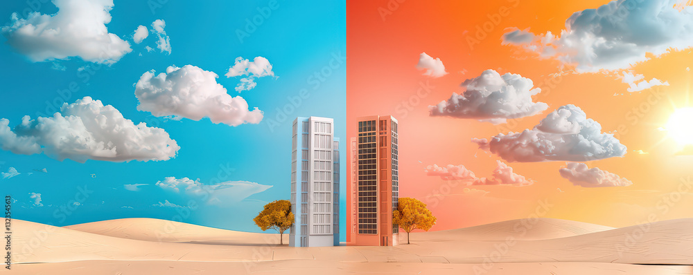 Poster two minimalist skyscrapers stand in desert landscape, divided by contrasting blue and orange skies, 