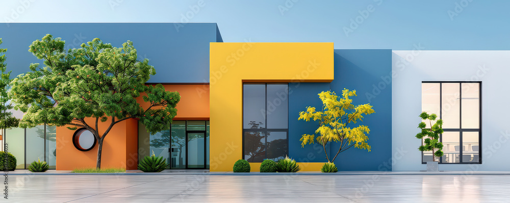 Poster modern office building with minimalistic design features vibrant colors and geometric shapes, surrou