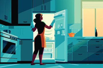 Fototapeta premium A cheerful woman meticulously cleaning a bright, modern refrigerator's interior, showcasing sparkling shelves and organized contents.