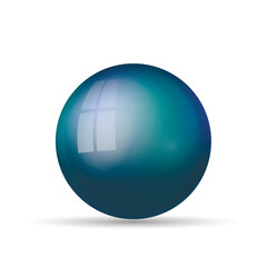 Glass blue ball or precious pearl. Glossy realistic ball, 3D abstract vector illustration highlighted on a white background. Big metal bubble with shadow.