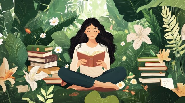 Illustration of a woman reading a book in a serene nature setting with floral elements, symbolizing knowledge, relaxation, imagination, and a peaceful lifestyle.