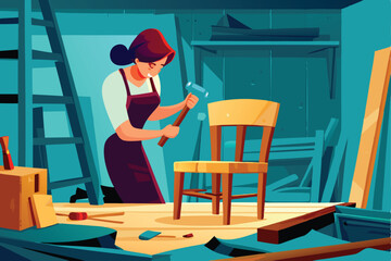 A skilled woman meticulously repairs a broken wooden chair in her cluttered but organized workshop, showcasing her craftsmanship and DIY skills.