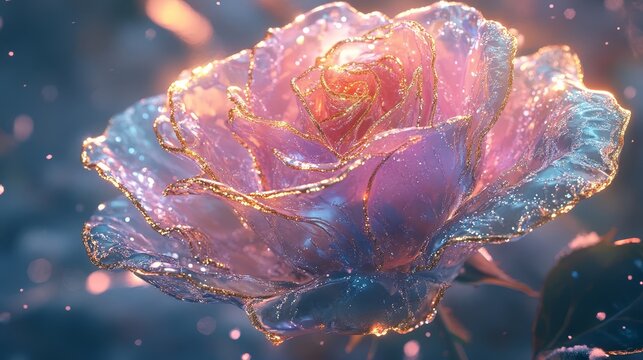 Glowing futuristic crystal rose with vibrant neon colors, symbolizing innovation, technology, beauty, and a surreal digital aesthetic in a sci-fi environment.