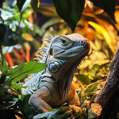Obraz premium A green iguana rests among lush tropical plants, basking in warm light, highlighting its textured scales and majestic reptilian features.